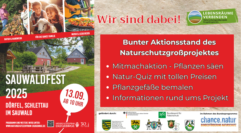 Einladung zum Informationsstand des Naturschutzgroßprojektes im Erzgebirgskreis am 13.09.2025 ab 10 Uhr zum Sauwaldfest in Dörfel, Schlettau.