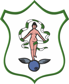 Das Bild zeigt das Wappen von Walthersdorf. Zu sehen ist Fortuna in Gestalt einer Frau auf einer geflügelten Erdkugel auf weißem Grund.