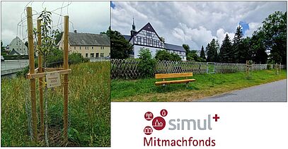 Logo simul+ an jungem Obstbaum, Ansicht Abschnitt Essbarer Radweg mit Sitzbank vor Fachwerkhaus, Logo simul+, Fotos: C. und S. Martin