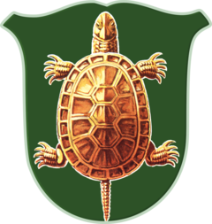 Das Bild zeigt das Wappen von Crottendorf. Eine goldene Schildkröte auf grünem Grund.